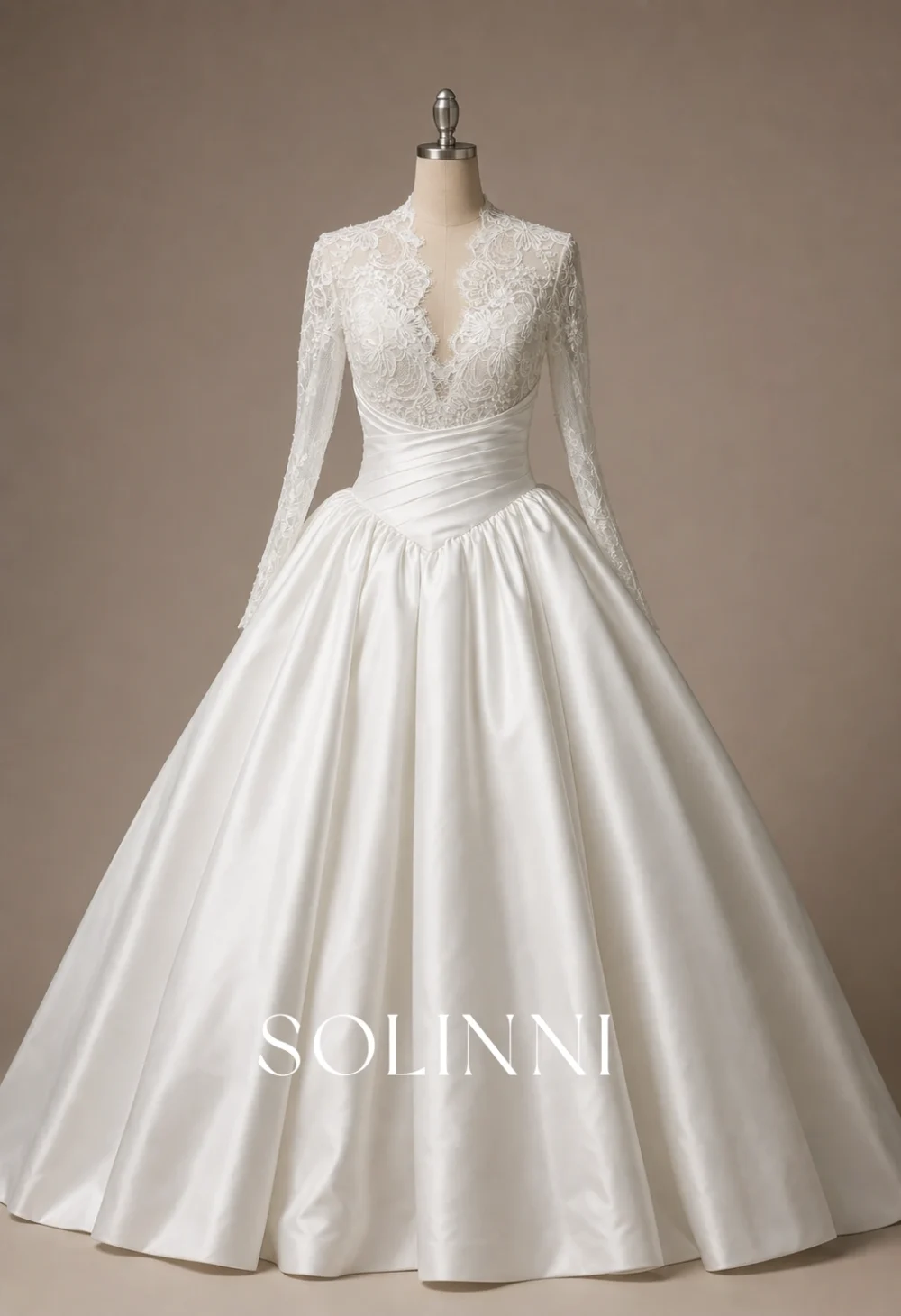 Isolde - Beaded Chantilly Lace Long Sleeve Satin Ball Gown Wedding Dress