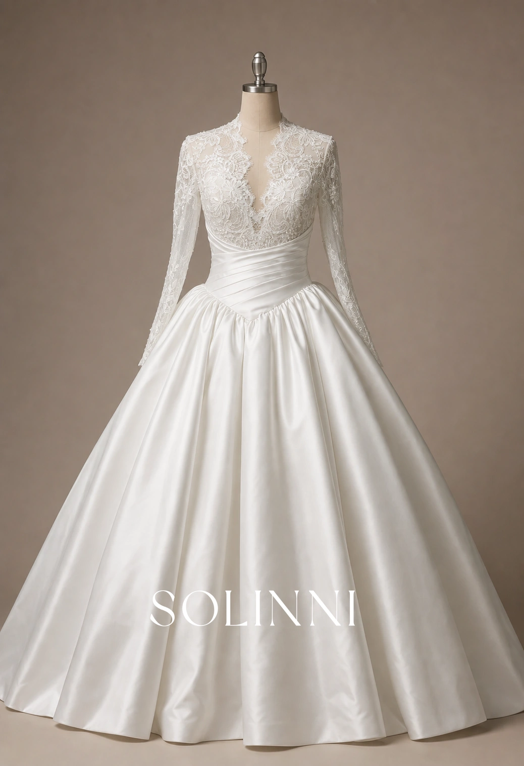 Home - Solinni Isolde - Beaded Chantilly Lace Long Sleeve Satin Ball Gown Wedding Dress