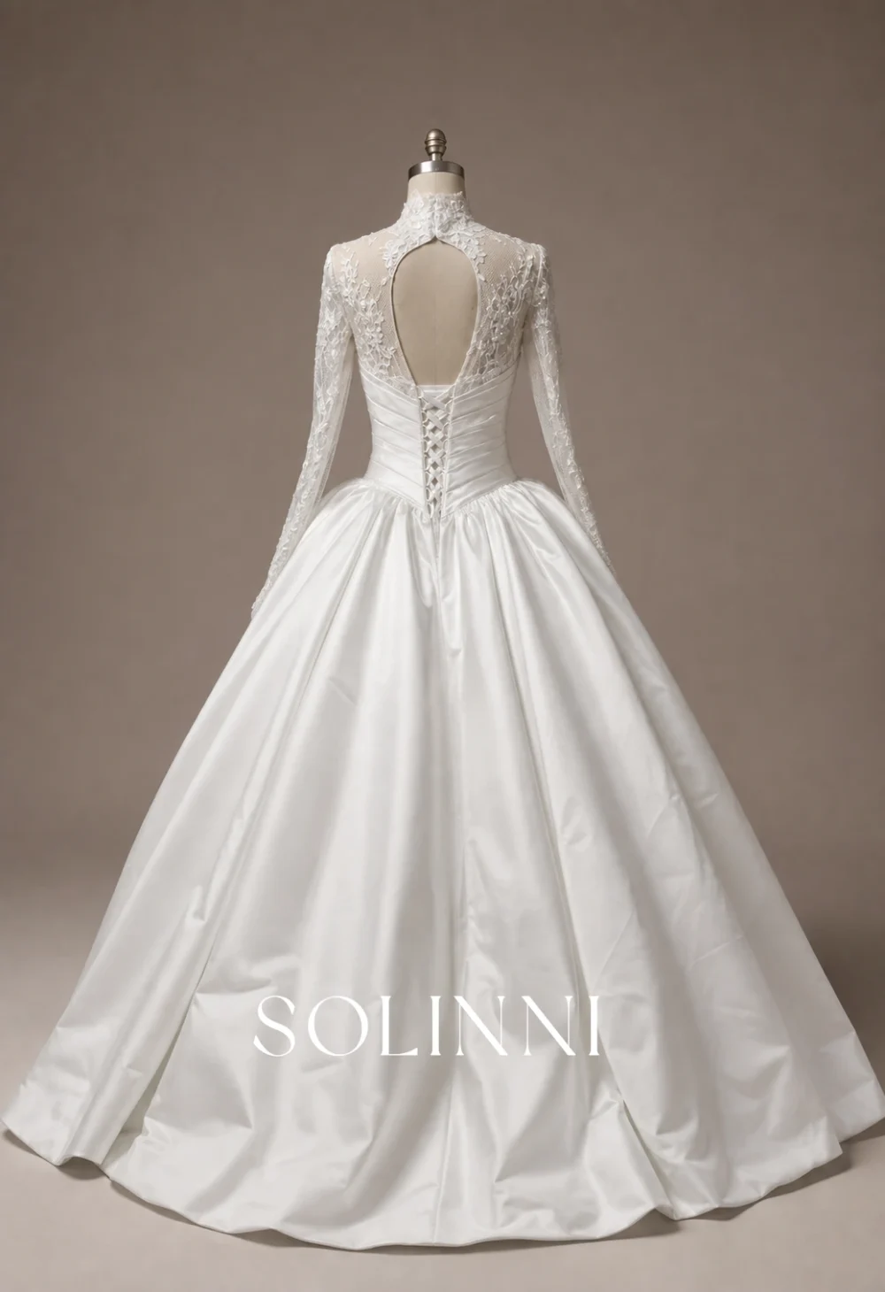 Solinni Style 3055 Isolde high neck lace long sleeve satin ball gown wedding dress with keyhole back-4
