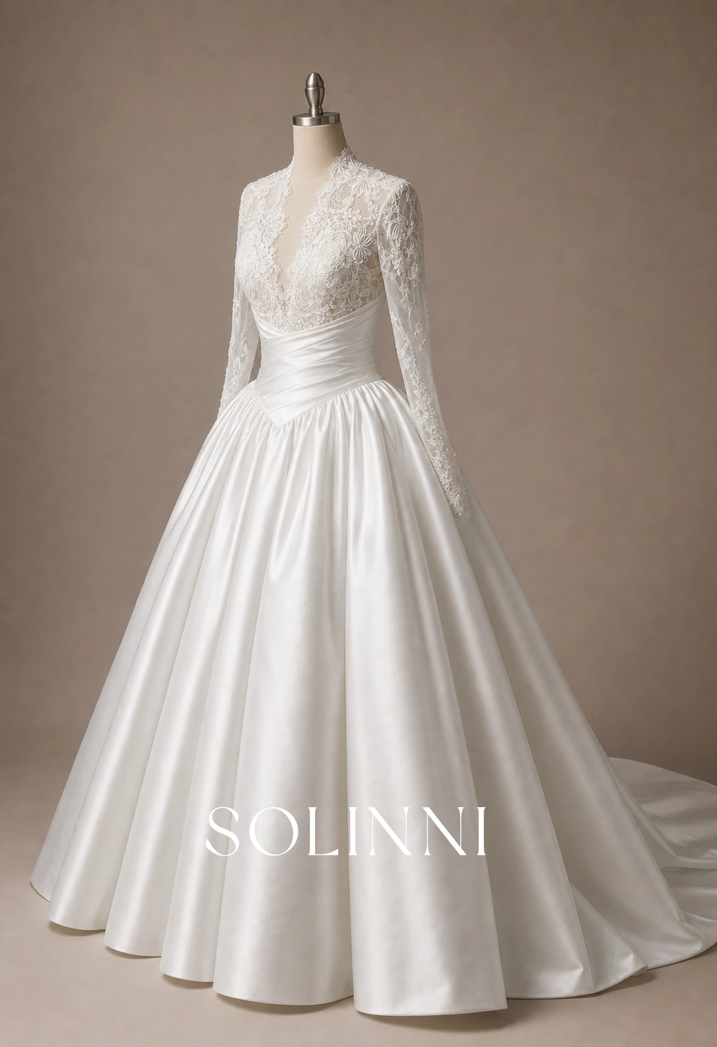 Isolde - Beaded Chantilly Lace Long Sleeve Satin Ball Gown Wedding Dress - Solinni Isolde - Beaded Chantilly Lace Long Sleeve Satin Ball Gown Wedding Dress