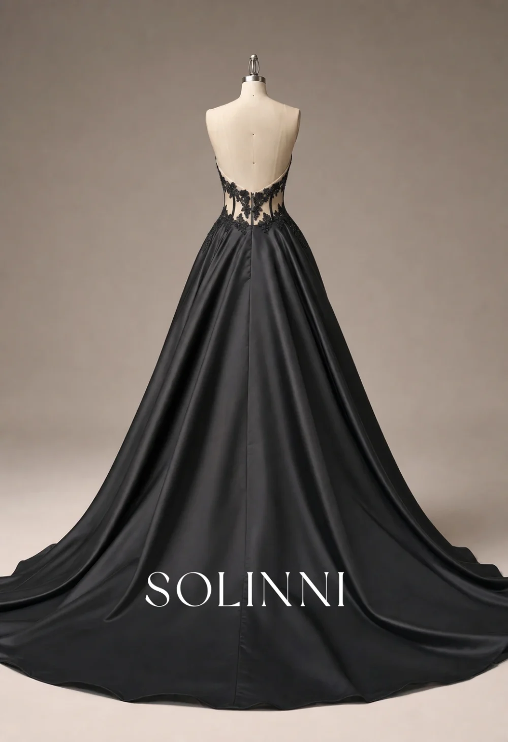 Solinni Style 3056 Ravenna black draped corset ball gown with beaded lace applique and open back-2