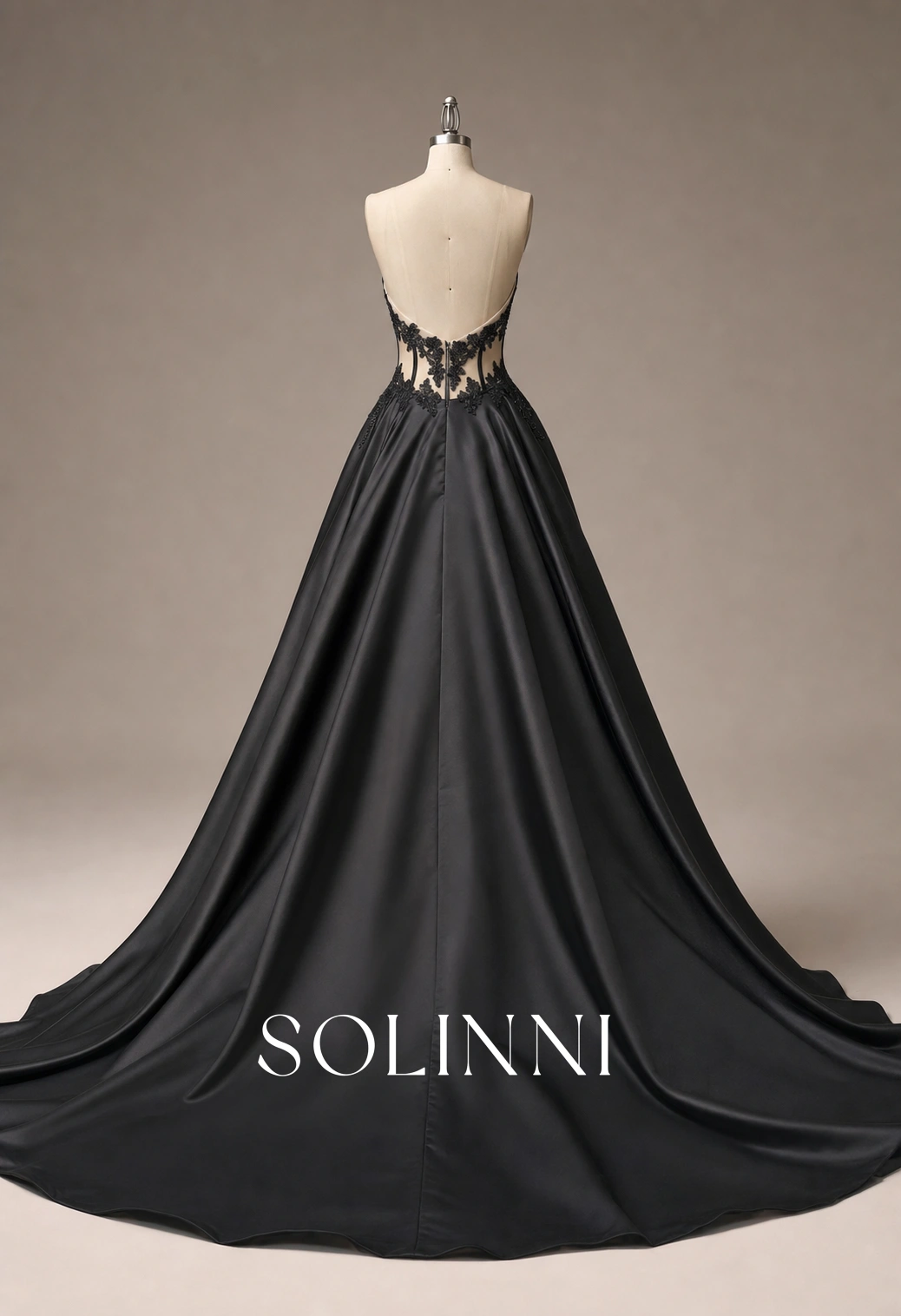 Home - Solinni Solinni Style 3056 Ravenna black draped corset ball gown with beaded lace applique and open back-2