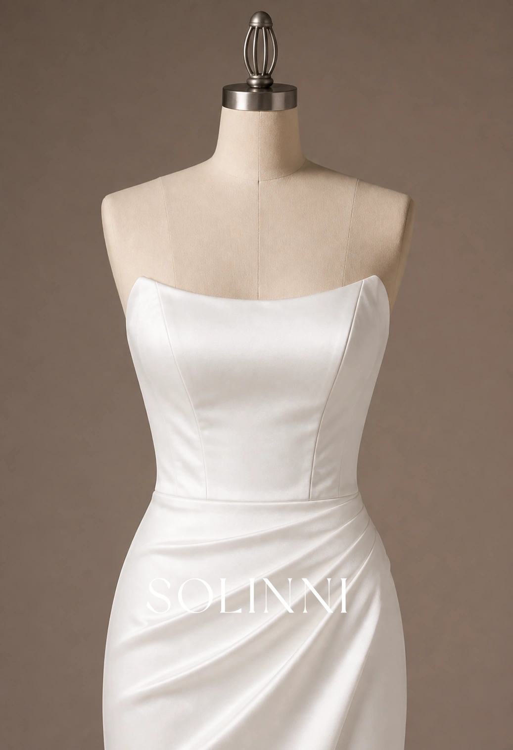 Maren - Cat Eye Minimalist Soft Satin Wedding Dress with Boned Bodice - Solinni Maren - Cat Eye Minimalist Soft Satin Wedding Dress with Boned Bodice