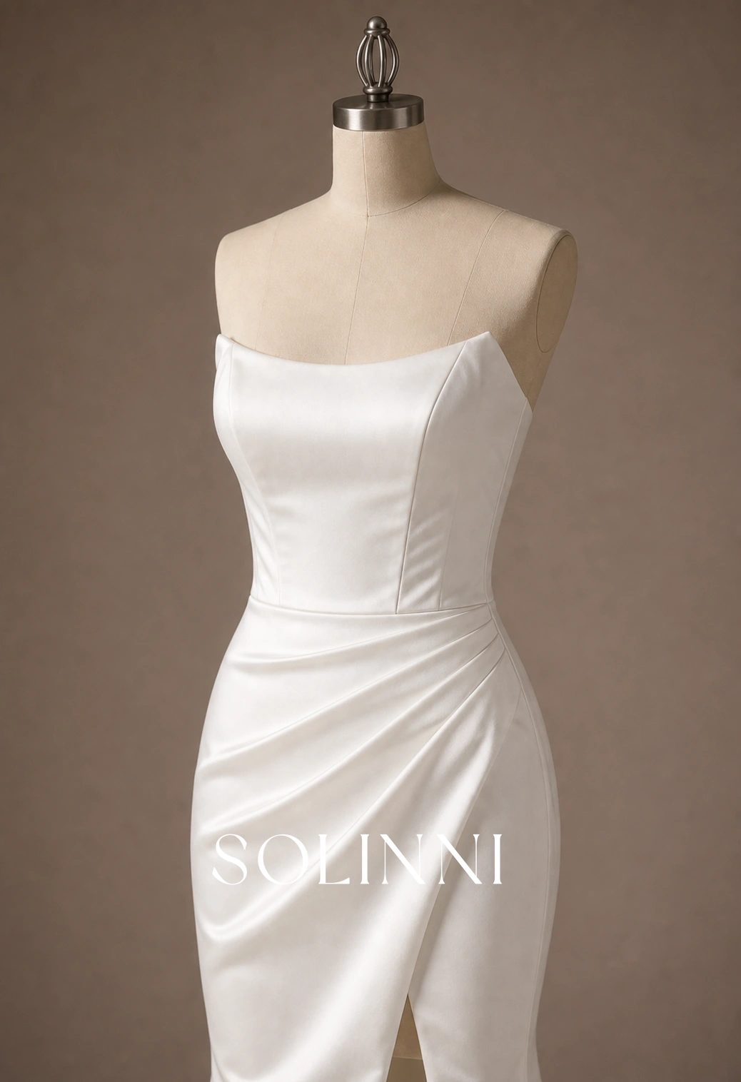 Maren - Cat Eye Minimalist Soft Satin Wedding Dress with Boned Bodice - Solinni Maren - Cat Eye Minimalist Soft Satin Wedding Dress with Boned Bodice